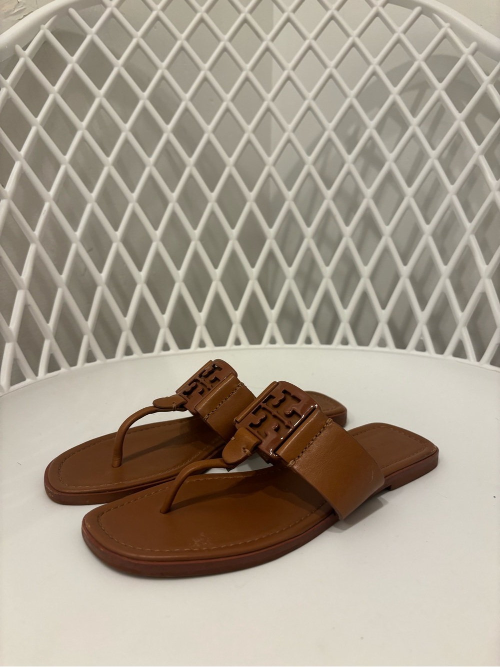Tory Burch Tan Leather Logo Thong Sandals